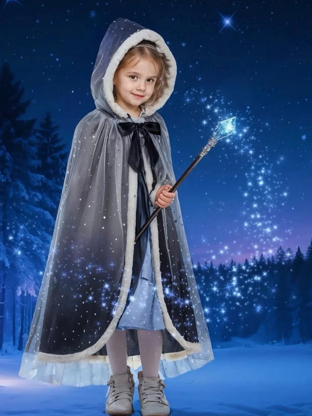Winter Princess Navy Starry Hooded Cape for Kids - Faux Fur Trim 8/10